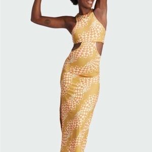 Adidas FARMxRio Victory Gold Abstract Wave Print Midi Dress